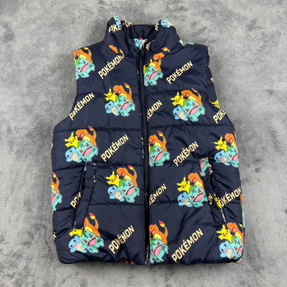 H&M Pokemon Puffer Vest Kids 8-10 Navy Pikachu Bulbasaur Squirtle Charmander